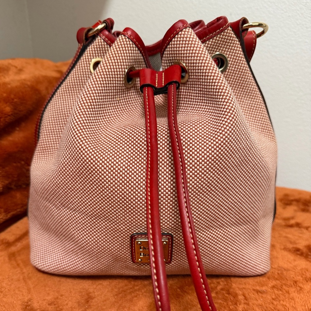 Dooney & Bourke Signature Canvas Drawstring Bucket Bag – Red & Cream